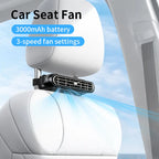 Portable Car Seat Velcro Fan with 3 Speeds & 3000mAh Rechargeable Battery